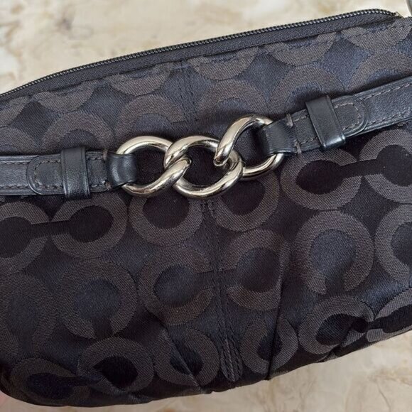 Coach Signature Monogram Black Cloth Leather Wristlet - Picture 10 of 11